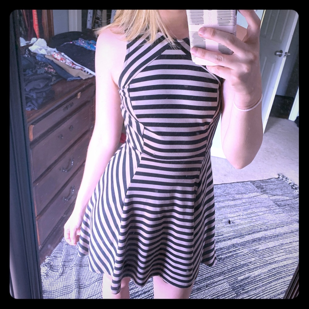 Striped tan & black body con dress